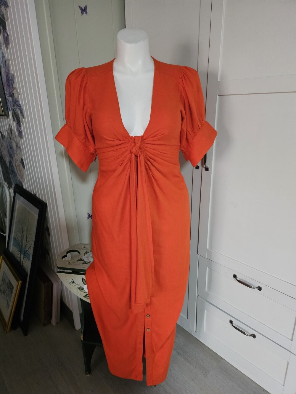 Free People Vintage Summer Midi Dress Orange Knotted Button Front Sz M Fits 8-10